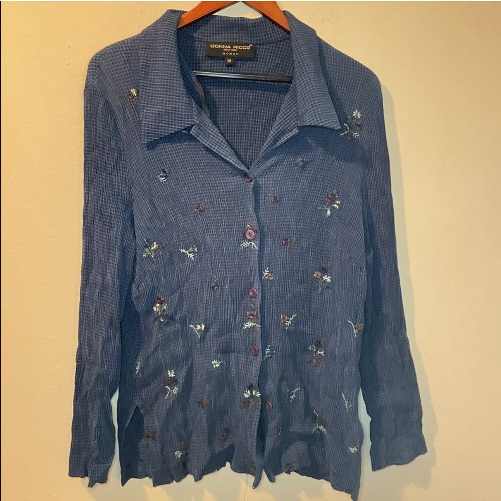 Donna Ricco Top Womens Size 20W Blue Button Down Floral Embroidered Checker